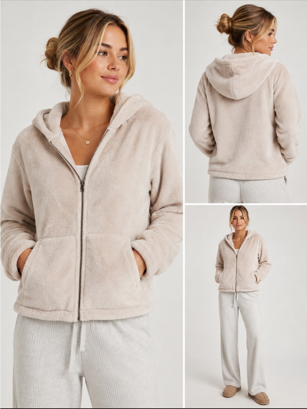 UGG Hooded Plush Zip Jacket in Light Blush Beige